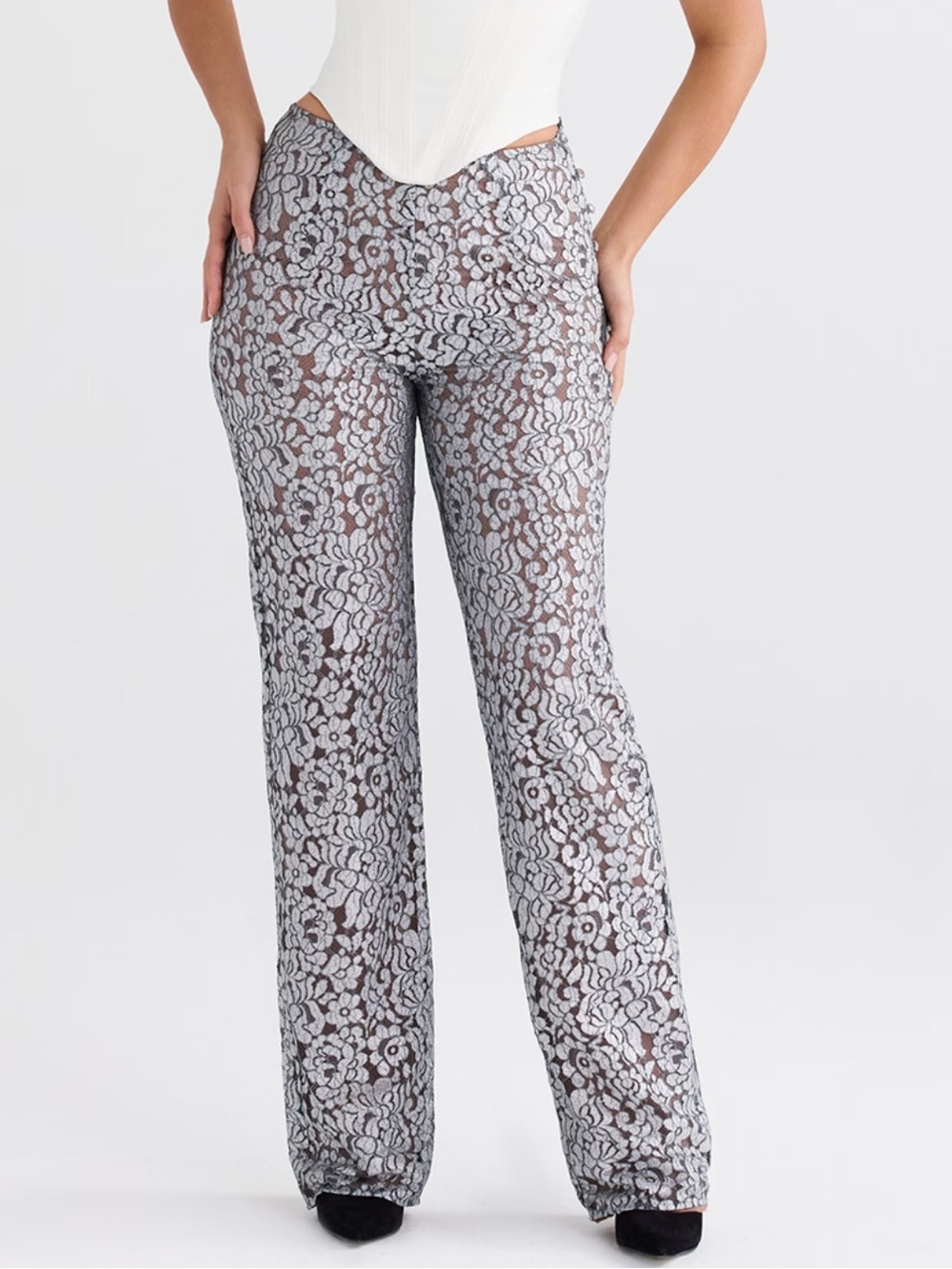 House of CB Mara Silver Metallic Lace Trousers